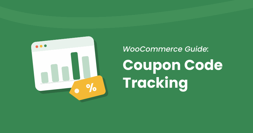 Flat illustration of a sales bar chart with a yellow percent coupon tag, next to the title WooCommerce Guide: Coupon Code Tracking