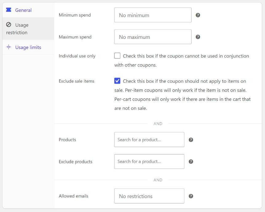 WooCommerce coupon Usage restriction tab with minimum spend, individual use only, exclude sale items, products and allowed emails