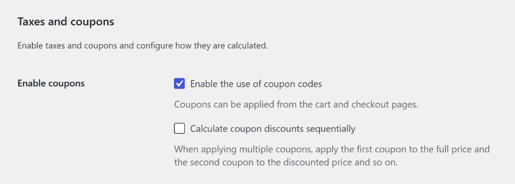 WooCommerce Taxes and coupons settings with the Enable the use of coupon codes checkbox ticked